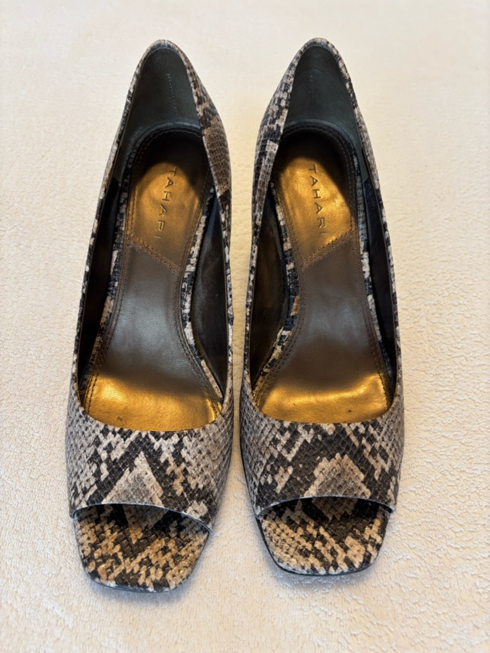 Tahari Brown & Cream Snake-Print Peep-Toe Heels - 9